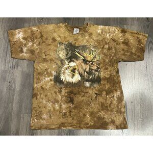 Vintage Tie Dye Animal T Shirt XL Bald Eagle Wolf Moose Lke Brown - Stains